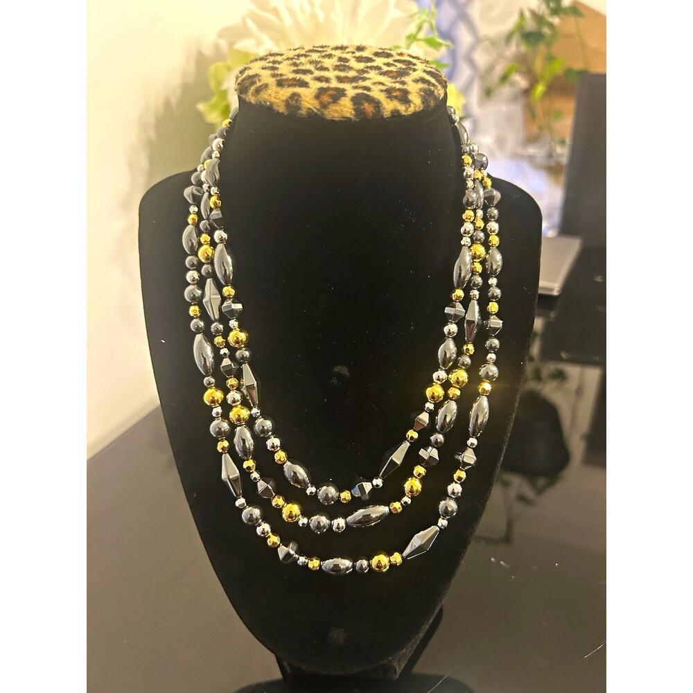 Layered Multi-Strand Black Glass Beaded Necklace Gold Silver Adjustable Lobster